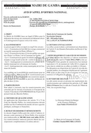 L’appel d’offres national de la «&nbsp;mairi&nbsp;» de Gamba&nbsp;!
